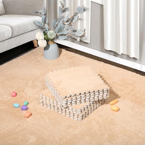 36 Pcs Plush Interlocking Carpet Tiles, Non-Toxic Foam Carpet Tiles for Toddler Baby, Machine-Washable, Anti-Slip, EVA Foam Interlocking Tiles for Floor, Nursery, Playroom, Light Brown