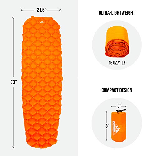 Outdoorsman Lab Camping Sleeping Pad - Ultralight Inflatable Camping Mat Pad for Backpacking & Hiking - Durable Insulated Sleeping Mat, Compact Carrying Bag and Repair Kit (Orange Bundle with Pillow)