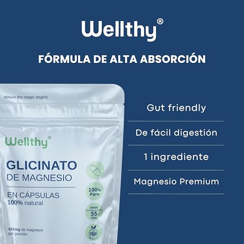 Wellthy Glicinato de Magnesio 220 Cápsulas 432mg. 100% Natural, Alta Absorción, Cápsulas Veganas, Bottle Free.