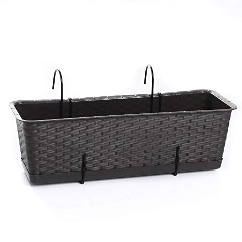 Blumenkasten Balkonkasten Blumentopf Rattan Optik Ratolla Case P mit Aufhängung zur Auswahl Untersetzer Geländerkasten 2 Größen (400 Umbra+Aufhängung) – Bild 3