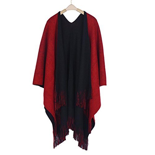 Salute Women Winter Knitted Cashmere Poncho Capes Shawl Cardigans Sweater Coat (Black)