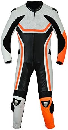 German Wear Fluorescent Motorcycle Suit One-Piece Real Cowhide Leather Orange, Size:56