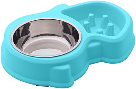 Gefry Double Dog Cat Non-skid Pet Bowls Containing a Stainless Steel Bowl and Interactive Fun Slow Feeder Bowl (Blue)
