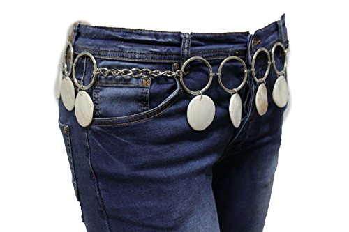 TFJ Women Beige Tie Belt Bohemian Fashion Hip Waist Silver Rings Seashells M L XL