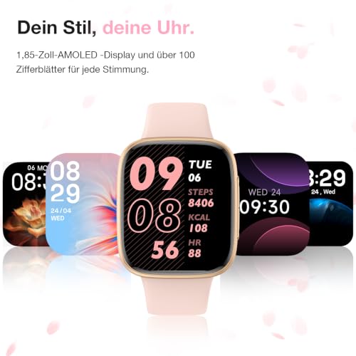 Smartwatch Women Men, 1.85 Inch AMOLED Touch Screen, Fitness Tracker with Bluetooth Calls & AI, Heart Rate, SpO2, Sleep & Women's Cycle Tracking, 100+ Sports Modes, 3ATM Waterproof for iOS & Android