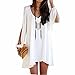 QIYUN.Z Women's Long Batwing Sleeve Mini V-Neck Irregular Hem Casual Loose Chiffon Dress White