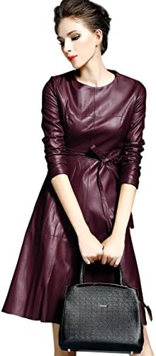 Womens Faux Leather Fashion Midi Bodycon Dress with Belted (L, Mulbreey)