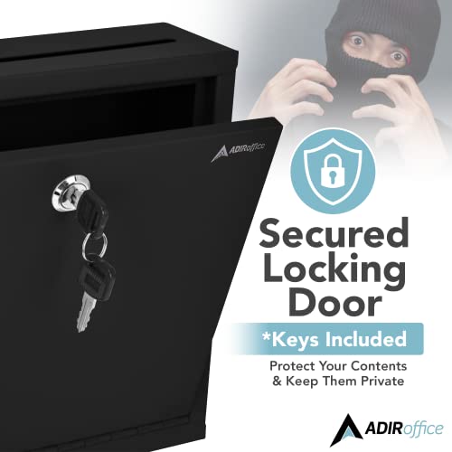 Adir Metal Suggestion Box with Lock and Slot, Wall Mount Deposit Box for Payments and Checks, Office Mail Box for Employees, Mailbox for House, Safe Drop Box with Keys - 3x10x12 Inch Black