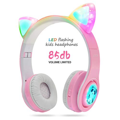 WOICE Kids Wireless Headphones, LED Flashing Lights, Music Sharing Function, Stereo Sound, SD Card Slot and Build-in Mic Wireless/Wired Children Bluetooth Headphones for Boys Girls (Pink)