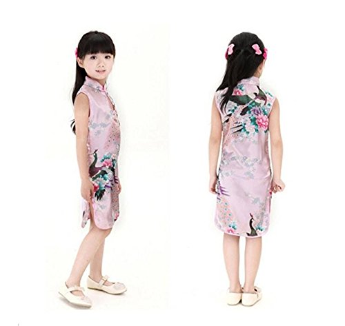 Rising ON Girls Chinese Sleeveless Vintage Peacock Qipao Cheongsam Dress
