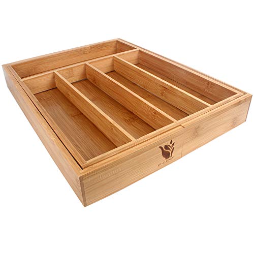 G-LEAF Bamboo Expandable Cutlery Tray Utensil Flatware Silverware Drawer Organizer, Tray Drawer Organizer