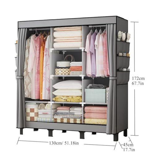 lishbie Portable Wardrobe Bedroom Wardrobe Clothes Storage Box Simple Hanging Grey