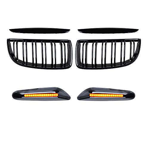 Astra Depot Glossy Black Double Line Kidney Grille and Smoked 16-LED Side Marker Compatible for BMW E90 2006 323i 325xi 330i 2007-2008 323i 328i 328xi 335i 335xi 4-Door Pre-Facelift