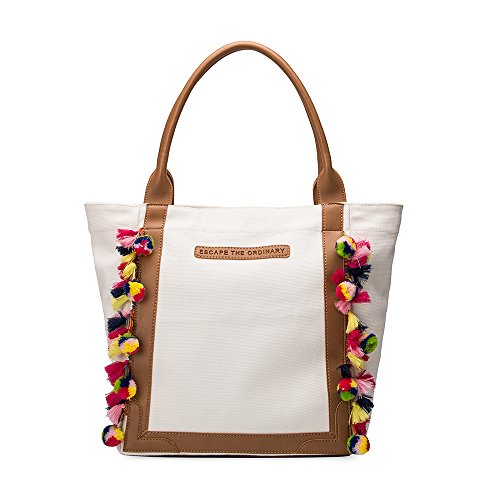 Melie Bianco Riviera Designer Glam Zippered Beach Tote W/ Pom Poms