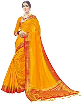 Women's Nylon Silk Jacquard Saree Free Size Yellow