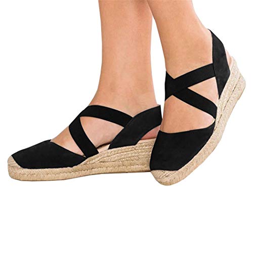 PiePieBuy Womens Espadrille Platform Wedge Sandals Closed Toe Mid Heel Ankle Sandals Black - Thumbnail 2