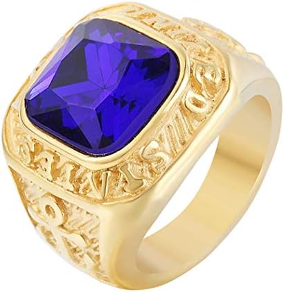 Ueice Mans Fashion Square Sapphire Aquamarine Navy Anchor Carved Stainless Steel Rings 24K Gold Plated