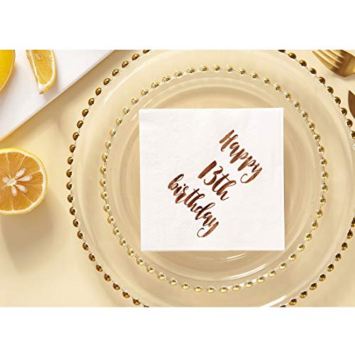 MAGJUCHE Happy 13th Birthday Cocktail Napkins, 50-Pack 3ply White Rose Gold Dinner Celebration Party Decoration Napkin - Thumbnail 2