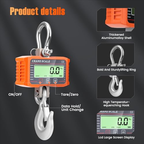 2000kg/4000lb Crane Scale, 2T Electronic Crane Scale,Industrial Pendant with Accurate Sensor, Large LCD Display and Remote Control for Farms (Orange)