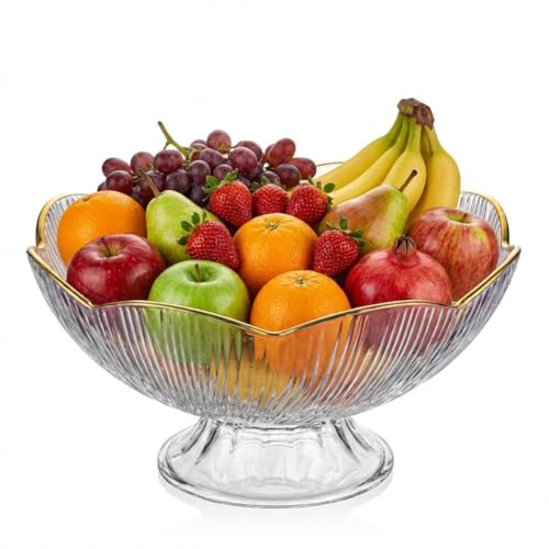 Fruteira de Mesa em Acrilico Transparente com Detalhes Dourados Design Sofisticado em Formato de Flor Resistente e Fácil Limpeza
