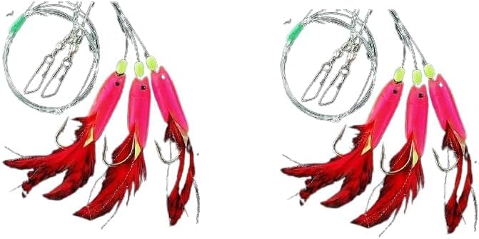 Set of 2 cod rigs, pilk leader by Jenzi, 3 arms rubber fish, luminous Norway, fully assembled, length 140 cm, hook size 6/0, line thickness 0.80 mm + Petri Heil! sticker