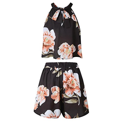 Kollmert Summer Womens Floral Halter Beach Vest Shirt Tops Blouse Shorts Pants Set (XL, Black)