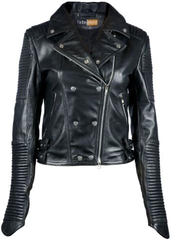 FactoryExtreme Quilted Channel Stripes Womens Black Biker Leather Jacket, Small, Black