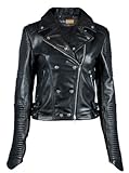 FactoryExtreme Quilted Channel Stripes Womens Black Biker Leather Jacket, Large, Black
