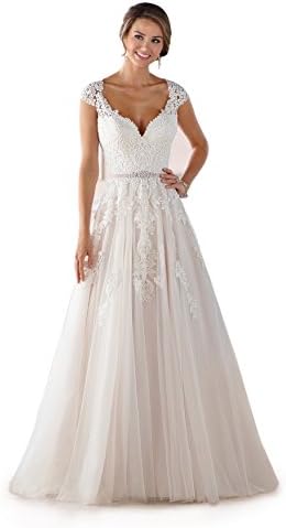 LadyFirst Women's Lace Caps A-Line V-Neck Button Back Bodice Spring Wedding Dress Lvory 22w