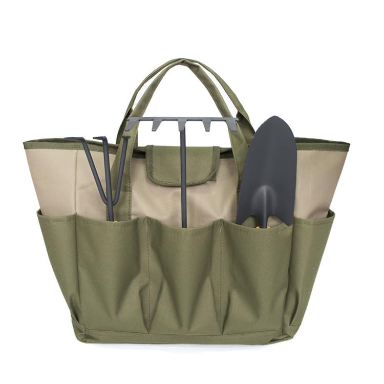 Qirc Garden Tools Holder Bag, Heavy Duty Gardening Organizer with 8 Pockets for Tools Garden Caddy Great Sturdy Canvas Tool Storage Set, Gardening Gifts for Men Women (Army Green + Khaki)
