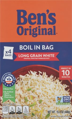 BEN’S ORIGINAL ENRICHED PARBOILED LONG GRAIN WHITE RICE, BOIL IN BAG RICE, 15.8 OZ BOX (PACK OF 12)