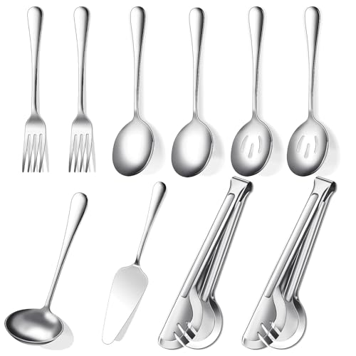 NIUB 10PCS Stainless Steel Serving Utensils, Large Serving Spoon Set, Slotted Serving Spoons, Serving Forks, Serving Tongs, Buffet Catering Serving Spoons Fork Tongs
