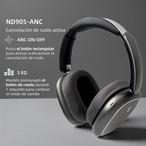 HeadCore ND905-ANC Auriculares Inalámbricos de Diadema Bluetooth 5.4 Cancelación de Ruido Activa 40H Autonomía Bajo Potente Cascos con Micrófono para Llamadas Almohadas Magnéticas Negro
