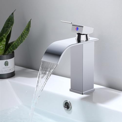 Waterfall Bathroom Sink Tap, Bathroom Sink Mixer, Brass and Stainless Steel Chrome Bathroom Mixer Tap (Including 60 cm Hose)
