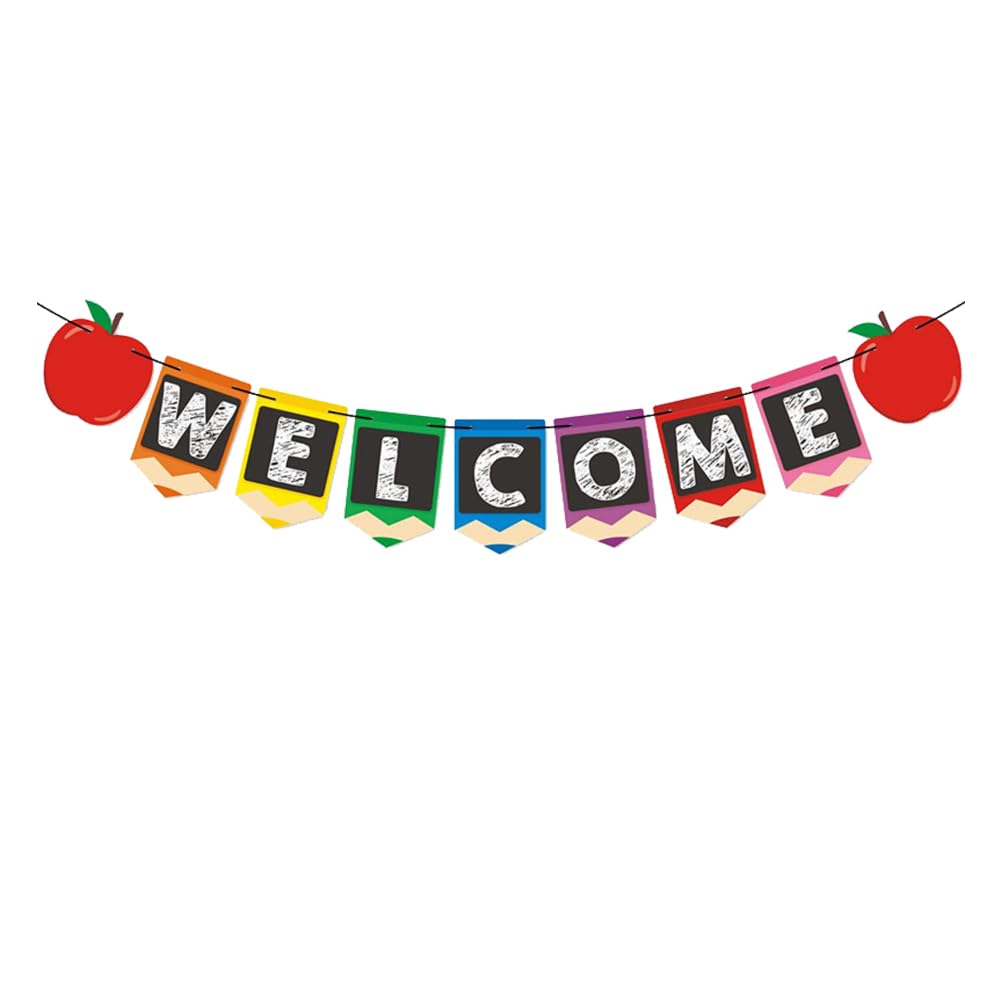 NUOBESTY Welcome Banner, Back to School Banner, Paper Party Apple Garland Hanging Bunting Pull Flag Kids Photo Props for School Party Class First Day Banquet - 1Pc