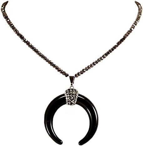 005 NY6-Boho Chic's Large Black Crescent Moon/Buffalo Horn Pendant &amp; Crystal Long Necklace 28" N16081701a