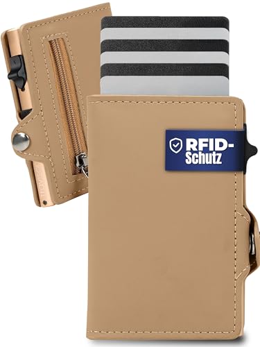 Travison® Smart Wallet Mit Münzfach Und Geldscheinfach - Kartenetui Mit Münzfach Und Schnellzugriff - Rfid-Schutz - Herren Geldbörse Klein - Kreditkartenetui - Geldbörse Mini (Dunkelbeige)