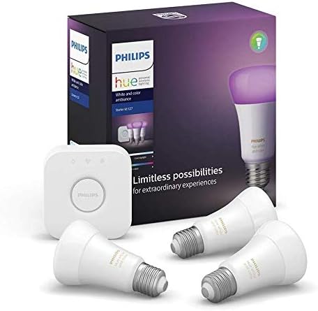 Philips Hue Kit Casa Inteligente 9W base E27 Starter Kit 110V - 3 Lâmpadas + Hub, Iluminação Inteligente Controlada Por Wifi E Bluetooth, Compatível Com Amazon Alexa. 