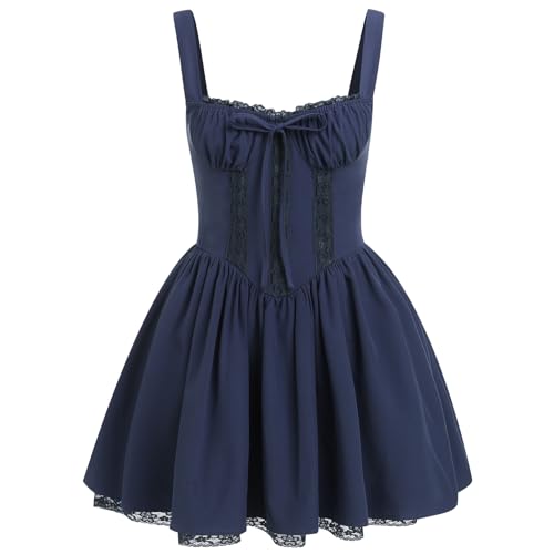 ABEWIP Corset Dresses for Women Spaghetti Straps Short Mini Floral Lace Bustier Dress Summer Boho Sundress Navy Blue L at Amazon