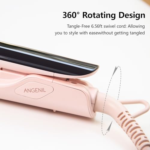 ANGENIL Pro Titanium Flat Iron Hair Straightener and Curler 2 in 1, Dual Voltage Hair Straightening and Curling Irons, Round Pink Hair Straightener with Heat Resistant Silicone Mat Tools, 15s Fast Heating