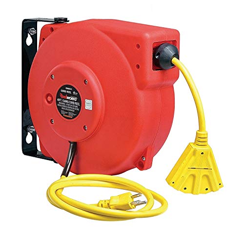 REELWORKS Retractable Extension Cord Reel Polypropylene Industrial 12AWG x 40' Feet Commercial Grade 3C SJT Cable with Triple Tap Connector 15A 125VAC 1875W 60Hz Circuit Breaker Best for Indoor Use