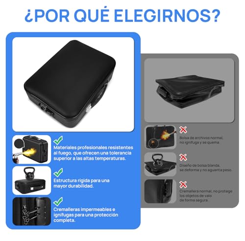 Caja Ignífuga para Documentos, Organizador de Archivos Ignífugo de Carcasa Dura con Cerradura y Carpeta Acordeón con13Bolsillos, Caja Fuerte Portátil para Hogar, Oficina y Viajes Negro
