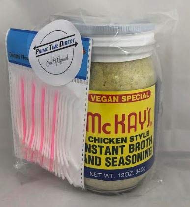 McKay's Chicken Style Instant Broth & Seasoning, Vegan Special, 12 oz with 20ct Dental Flossers in a Prime Time Direct Sealed Bag