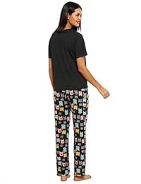 Conjunto de pijama con estampado de gato y pantalones de lunares para dama