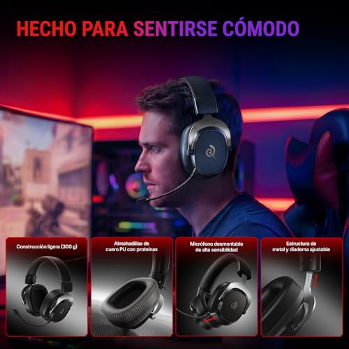 QCY Heroad VT200 Cascos Gaming Inalámbricos para PC/Ps5/Ps4/Switch/Mobile, 7.1 Sonido Envolvente, Auriculares Gaming con 2.4 GHz+Bluetooth 6.0, Duración 130H, Drivers 53mm, RGB -Plata Negro