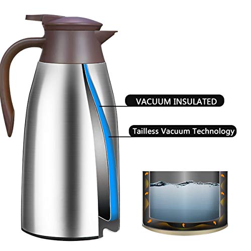 68 Oz Stainless Steel Thermal Coffee Carafe with Free Brush, Double Walled Vacuum Thermos Pot for Coffee, Tea and Hot Water, 2 Litre