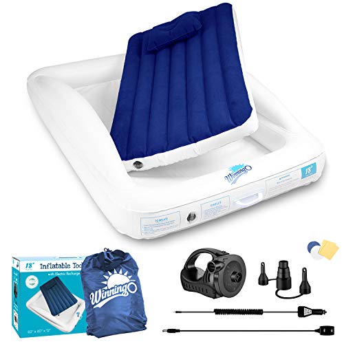 WINNINGO Inflatable Toddler Travel Bed with Rechargeable High Speed Pump, Portable Air Mattress for Kids, Including Air Pillow, Carry Bag, 110V AC & 12V DC Adapter, Perfect for Home, Travel, Camping