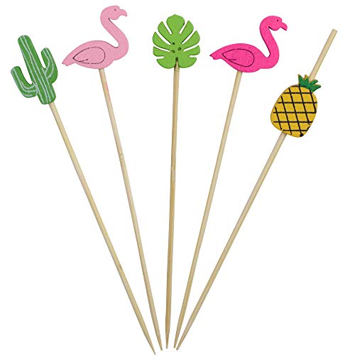 Tropical Cocktail Toothpicks, set of 200 total pieces assorted Flamingo, Cactus, Pineapple, Banana Leaf Hawaiian Lua Set of Party Pick, 4.7" bamboo fancy appetizer tooth picks, (Tropical)