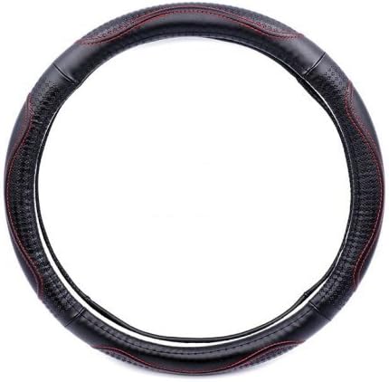 SOROPIN Diameter 38CM Four Seasons Universal Genuine Leather Steering Wheel Cover for Car Auto,Black Leather+Red Line
