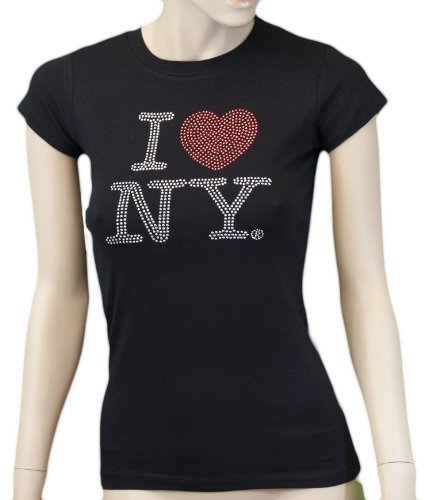 I Love NY New York Womens T-Shirt Ladies Rhinestone Tee Heart Black (Fitted XL)